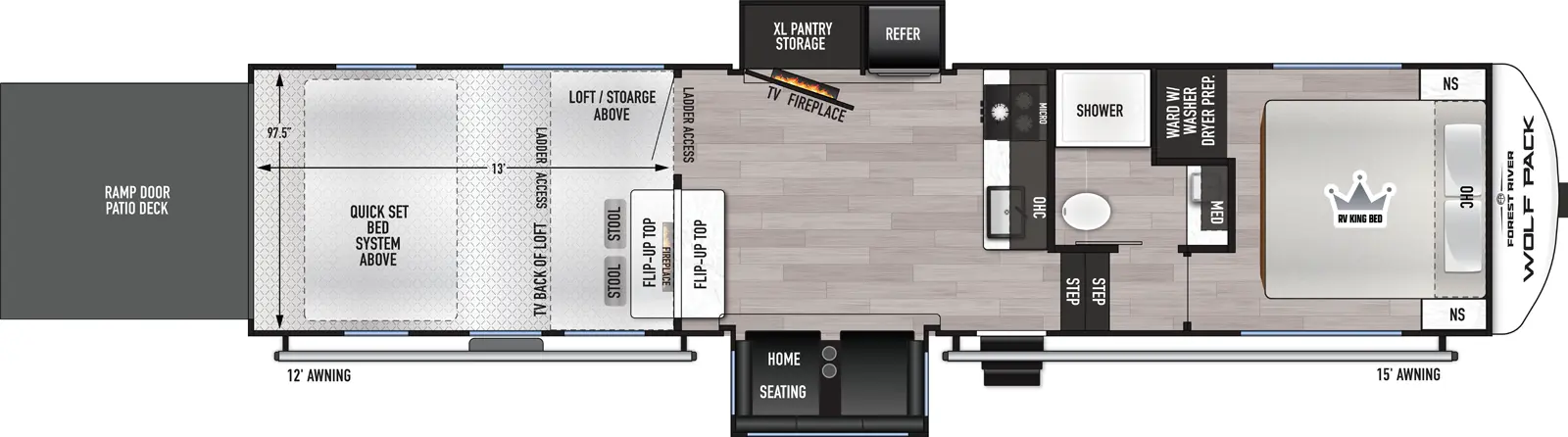 The Wolf Pack 290PACK13 floorplan is a toy hauler that has two entries and two slide outs. Exterior features include: fiberglass exterior and 12' & 15' awning. Interiors features include: loft and front bedroom.